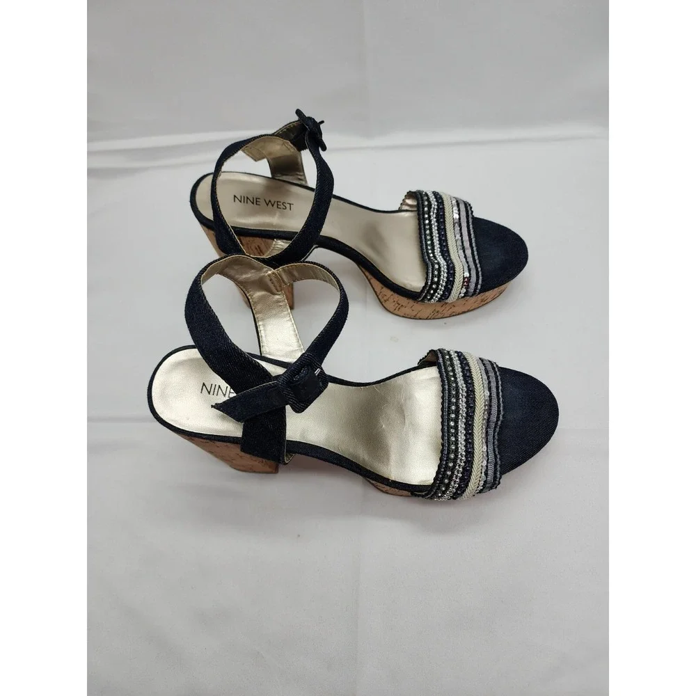Nine West Womens Platform Sandal Block Heel Denim Open Toe Black Beige Size 8.5